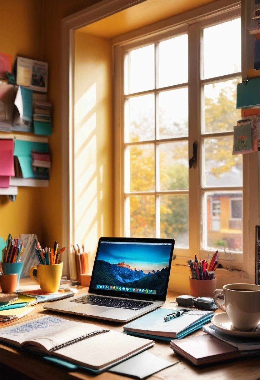 A dynamic workspace showcasing an open laptop surrounded by colorful notebooks, pens, and a steaming coffee cup, symbolizing creativity and inspiration for adult blogging. Include elements like a soft sunlight glow filtering through a window, and a vision board with success quotes in the background. The overall mood should evoke a sense of motivation and productivity. vibrant colors. super-realistic.
