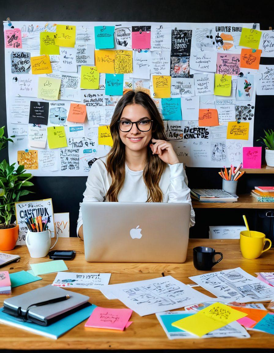 A creative workspace filled with brainstorming materials like sketches and post-it notes, showcasing a confident person in the center developing their adult blog. The scene includes a laptop with an inspiring blog layout on the screen, surrounded by vibrant colors and motivational quotes. Include elements like coffee cups, books on blogging tips, and a vision board in the background. Bright, energetic atmosphere. super-realistic. vibrant colors.